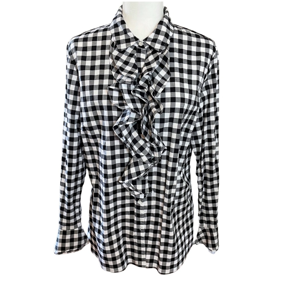 J. McLaughlin Black and White Gingham Ruffle Button-Down Shirt